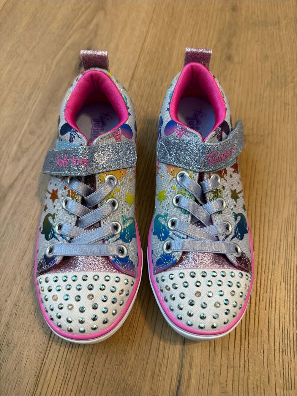 Skechers Twinkle Toes Girls' Silver Multi Star & Butterfly Light-Up Sneakers